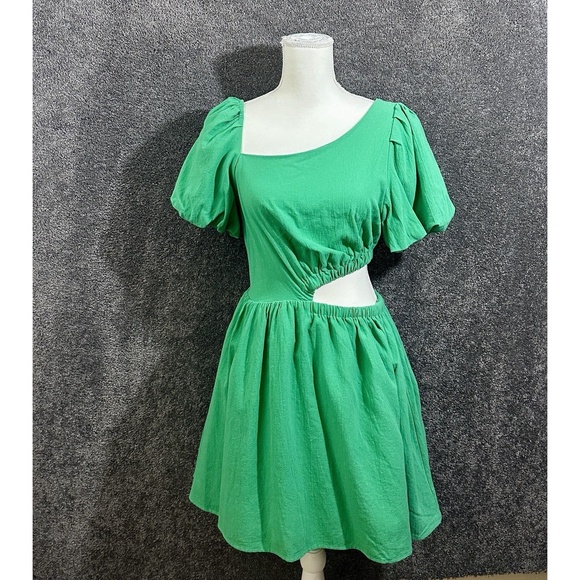 LUCCA Green Puff Sleeve Cutout Mini Dress L NWT Cottagecore Boho Asymmetrical - Picture 1 of 8